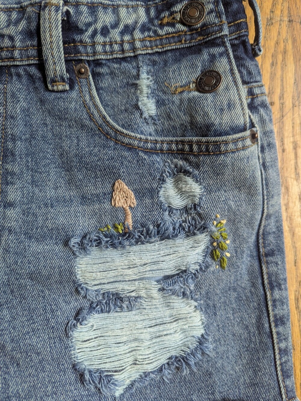 Hand Embroidered Reworked Distressed Denim Short Overalls - Blue - Picture 3 of 6